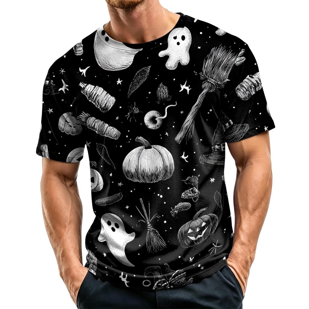 Men's Casual Short Sleeve T-Shirt Lightweight Breathable Fabric Crew Neck Halloween Themed Printed Top for Everyday Wear