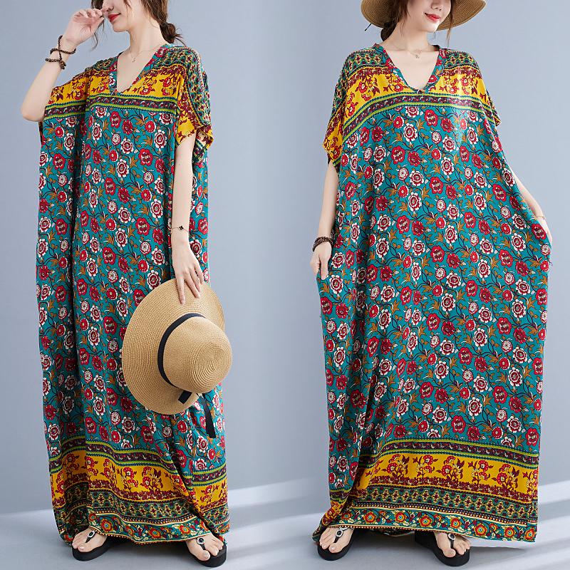Dimanaf 2024 Plus Size Dress Women Summer V-Neck Sundress Bohemian Floral Print Loose Big Oversize Maxi Dress 5130