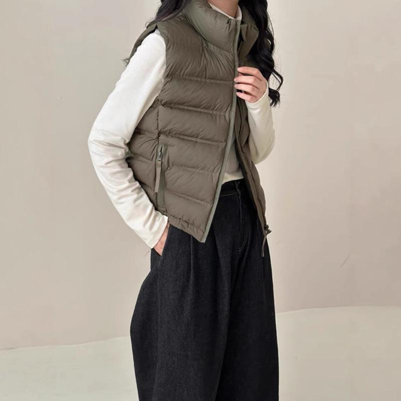 Cotton Vest Women's Autumn and Winter New Stand-up Collar Short Cotton Vest Pocket Zipper Light and Slim Vest
