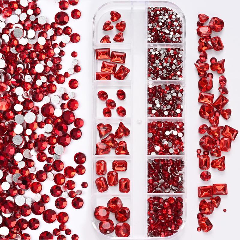 12-Grid 3D Nail Art Rhinestones Set Super-Shiny Flatback Adhesive Rhinestones for DIY Decorative Nail Art Multiple Shapes