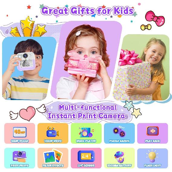 Kids Camera Instant Print, Christmas Birthday Gifts for Girls Boys, Children Digital Camera with 32GB Card, 1080P Video Toddler Print Camera,