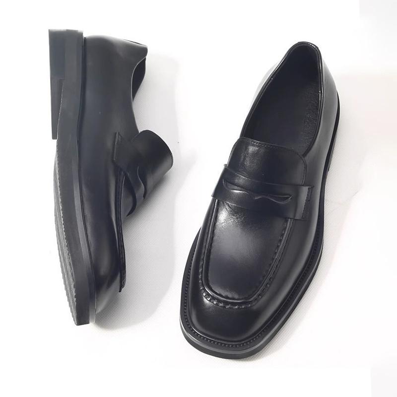 New Arrival Slip On Men Loafers Black Genuine Leather Sewing Casual Shoes Round Head Height Increased Comfort Business Shoes Men