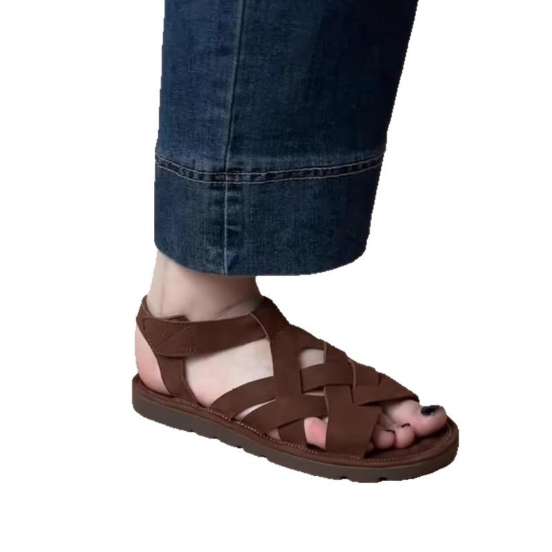 The first layer of cowhide hand-woven hollow soft-soled sandals women's new summer flat-soled retro women's shoes