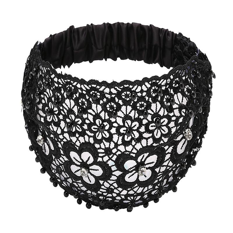 Elegant Women Hollow Headband Flower Pattern Shiny Rhinestones Faux Pearls Hair Band High Elastic Wide Hair Hijabs Holder
