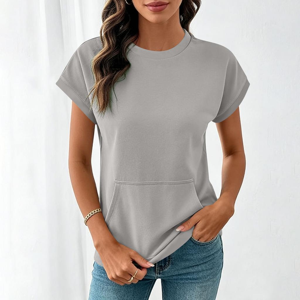 Women's Crew Neck Short Sleeve T Shirt Regular Fit Casual Solid Color Pocket Blouse