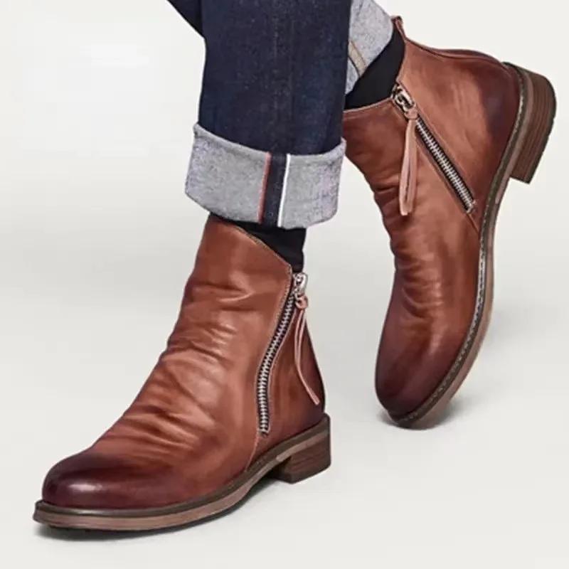 Men's Boots Fashion Chelsea Boots Retro Zipper Ankle Boot New High Top Leather Boots for Men Fringed Platform Boot Botas Hombre
