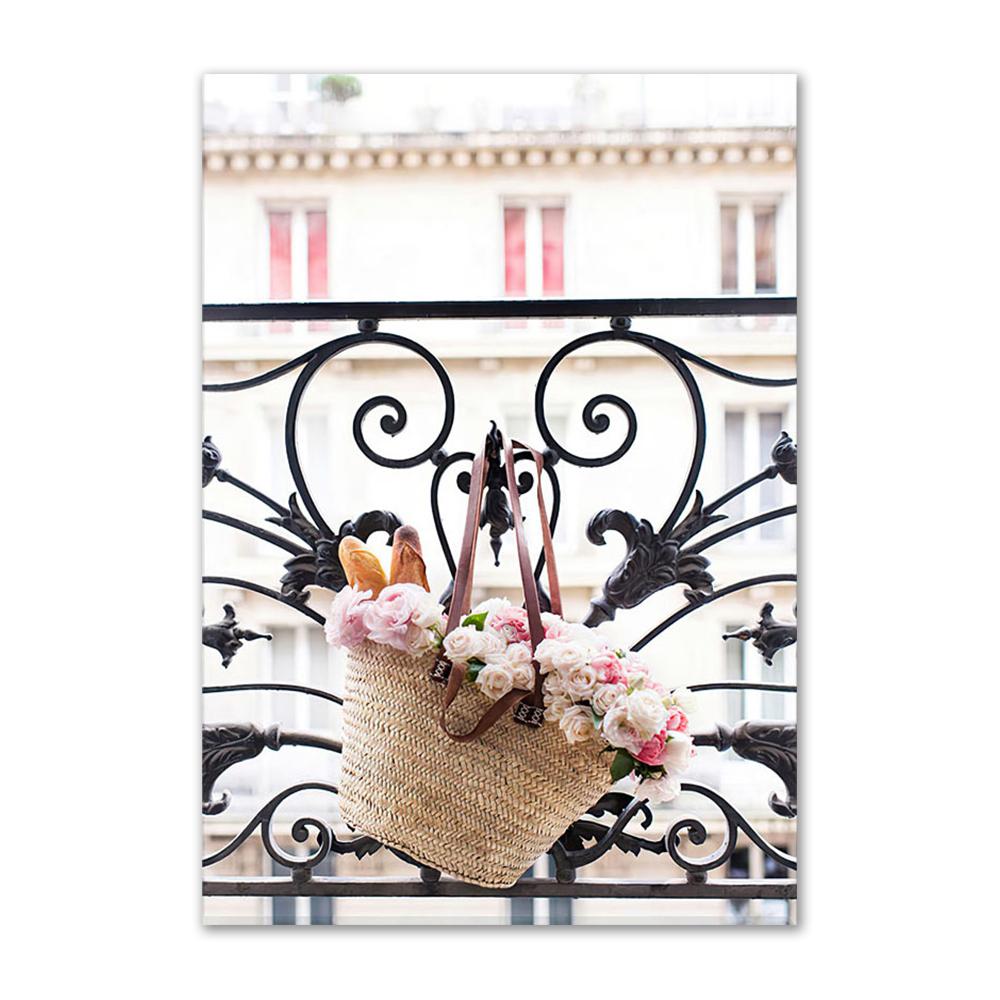 Città moderna Scenario rosa Pittura su tela Wall Art Poster e stampe Fiore di Begonia Retro Car Bike Immagini per la decorazione del soggiorno