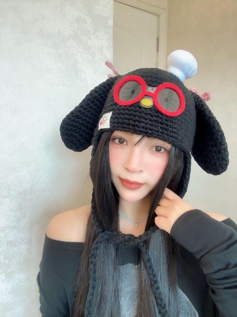 Damen-Wollmütze Herbst/Winter 2025 mit lustigem Welpenohren- und Brillen-Design