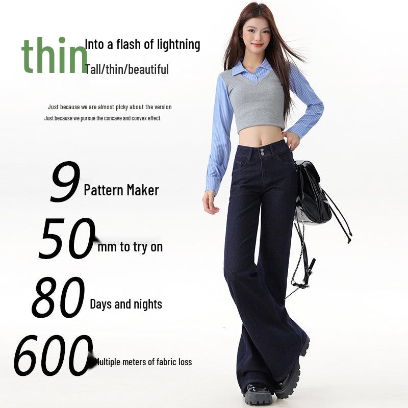 Women's 2025 Denim Blue Flare Jeans, Double Button, Slimming Floor-Length with Unique Back Pockets, Early Autumn Design.