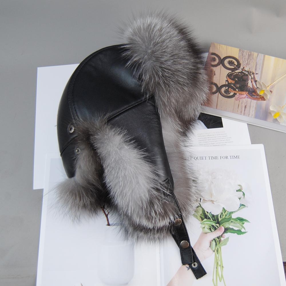 New Unisex Real Sheepskin Leather Hat Luxury Winter Russian Real Fox Fur Hat Warm Soft Quality 100% Real Raccoon Fur Bombers Cap