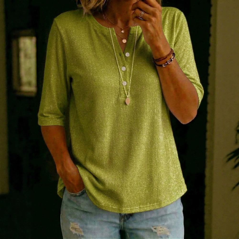 Damen Henley-Hemd mit V-Ausschnitt, Dreiviertelärm, locker, lässige Bluse