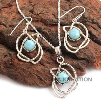 Gioielli Fatti a Mano in Argento Sterling 925, Set di Gioielli Larimar, Set di Orecchini e Pendente Fatti a Mano, Gioielli Statement, Regalo Per Lei