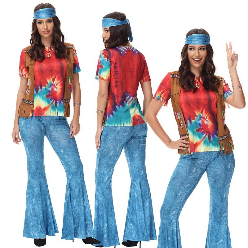 Halloween Couple Costume Set 70s Disco Retro Hippie Party Outfit Women Stage Performance