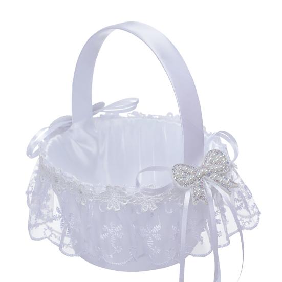 Blomsterkurv Elegant Romantisk Innlagt Rhinestone Mini Hvit Bryllup Brudepike Håndholdt Blonder Blomsterkurv Sceneoppsett Rekvisitt