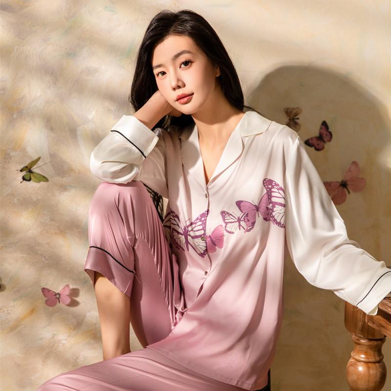 Spring and Summer Latest Style Butterfly Print Satin Thin Ice Silk Pajamas for Women Relaxed Fit Solid Color Pajamas Set Pajamas