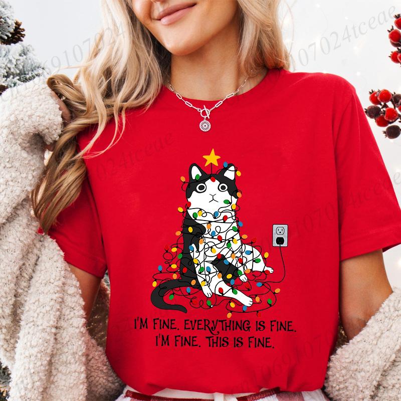Funny Christmas Cat Women TShirt Xmas Cat Graphic TShirts Tops Short Sleeve Tees Casual Harajuku Street Tshirt Female Clothing