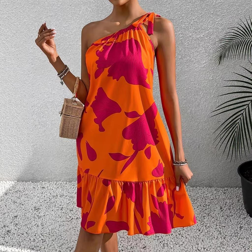 Summer new holiday style floral print shoulder ruffle edge dress women's, large size thin seaside holiday dress
