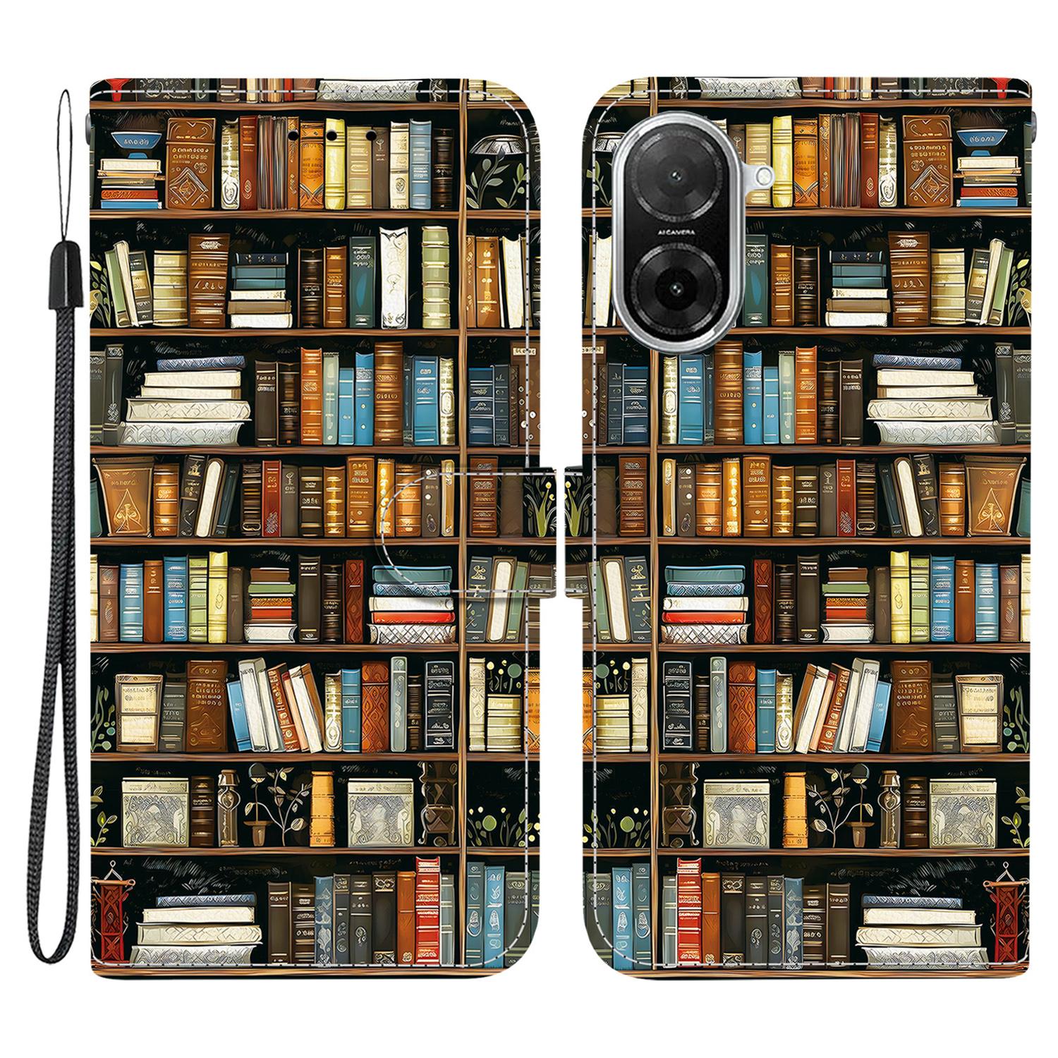 

Для Xiaomi Redmi A5 NFC (Європа) (173.45мм) Шкіряний чохол-підставка-гаманець з друком візерунка, чохол для телефону з ремінцем на зап ястя Bookshelf