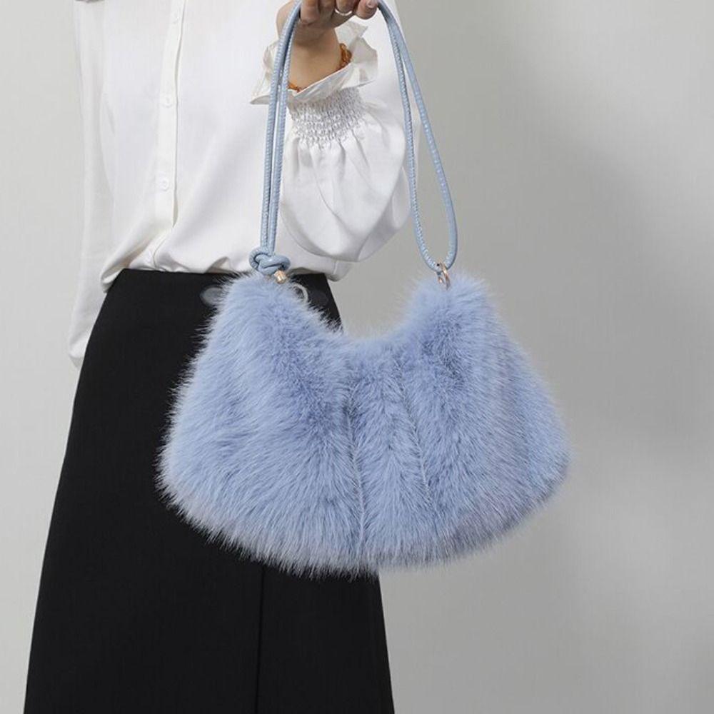 Warme Pluizige Schoudertas Effen Kleur Dames Handtas Retro Kunstbont Hobo Tas Dames