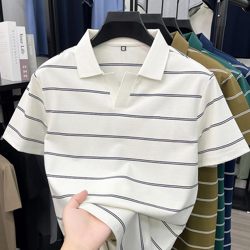 2026 Seagull Collar Striped Polo Shirt for Men - Short Sleeve Summer Lapel Tee for Dad