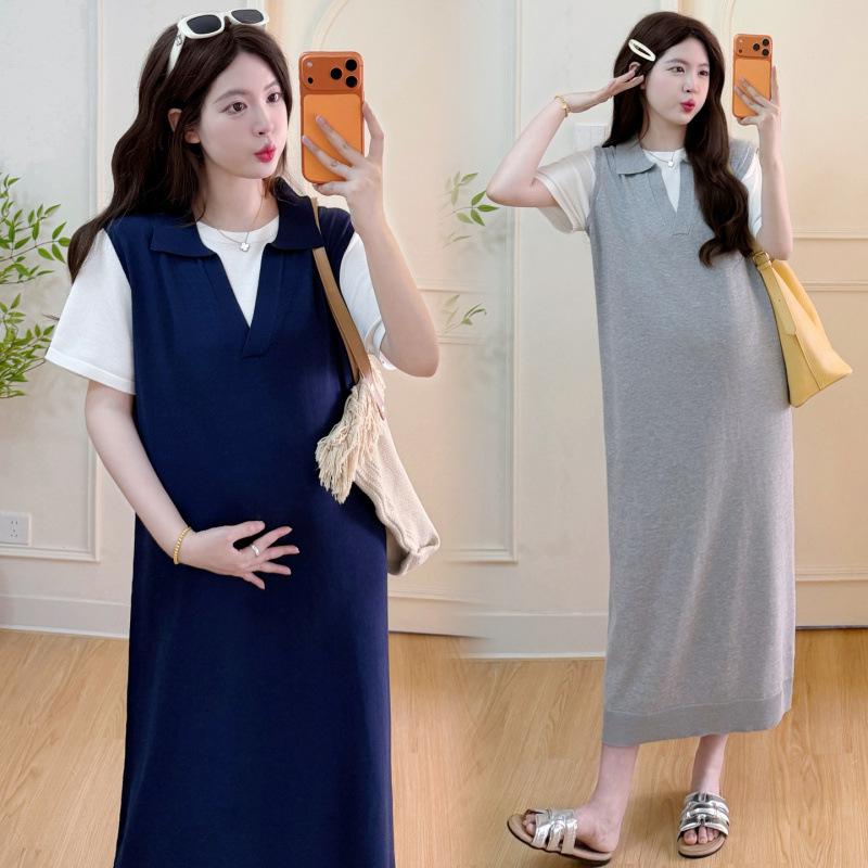 Stylish Maternity Chic Summer Mid-Length Thin Fake Two-Piece Dress for Trendy Moms
