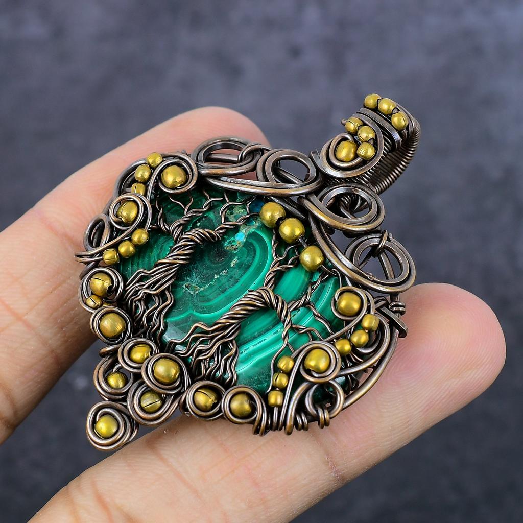 Natural Malachite Handmade Copper Wirewrap Tree Of Life Gift Pendant 2.36" G3J39