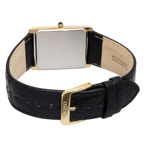 Seiko Men's Square Design Quartz Watch SWR052 with White Dial and Black Leather Band