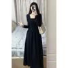 Black square neck long-sleeved dress children's autumn new French Hepburn style long dress feeling early autumn wear