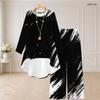 Women Plus Size Two Piece Pants Set Round Neck Long Sleeve Printed High Low Top Wide Leg Pants Black White