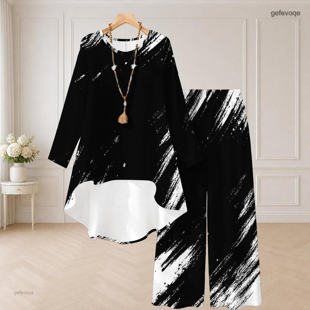 Women Plus Size Two Piece Pants Set Round Neck Long Sleeve Printed High Low Top Wide Leg Pants Black White