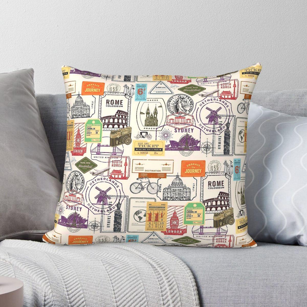 Exquisite Ornaments Unisex Adventure Awaits Travel Passport Square Pillowcase Polyester Linen Velvet Printed Decor Throw Pillow Case Sofa Seater Cover