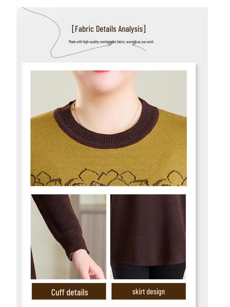 Autumn/Winter Plus Size Wool Pullover for Middle-aged and Elderly Women - Round Neck, Long Sleeve Sweater