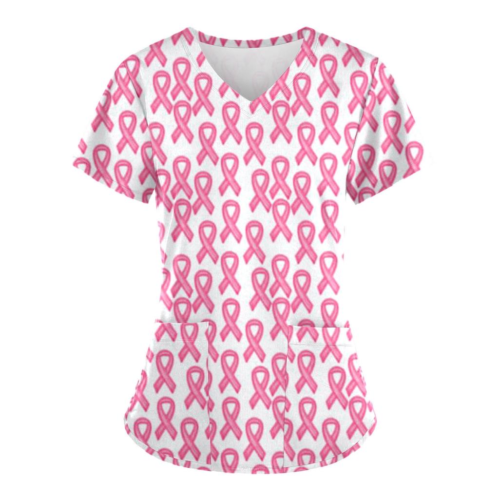 Scrubs Medical Uniform Pink Ribbon Cancer Fighter Graphic Women's Uniforms V Neck Short Sleeve Tops with Pockets Scrubs for Wome
