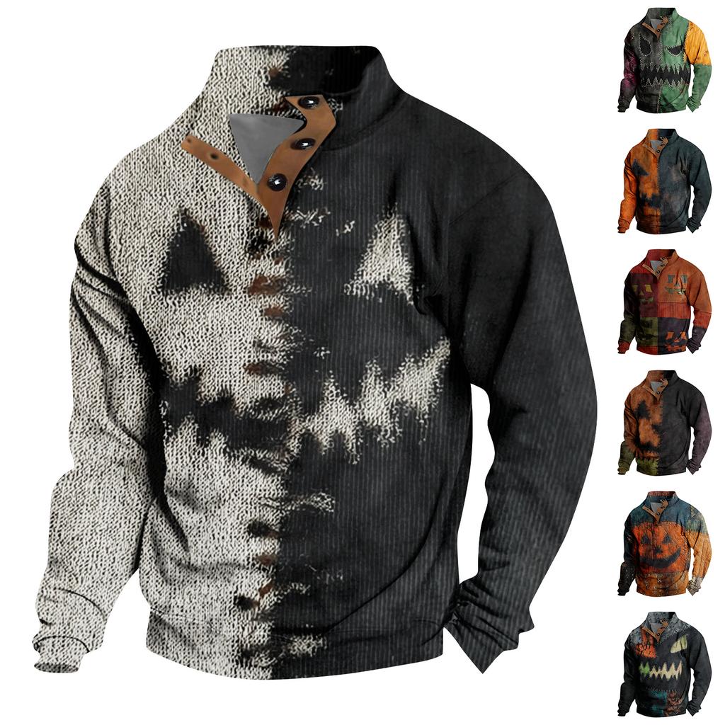 Men's Casual Fashion Christmas Printed Hoodless Sweatshirt Wide Men's Loose Button Stand Collar Hooded Sweatshirt