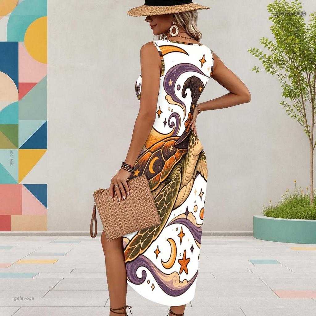 Women Plus Size U Neck Sleeveless Cartoon Excavator Printed Tank Dress High Side Slit Curved Hem Midi Dress