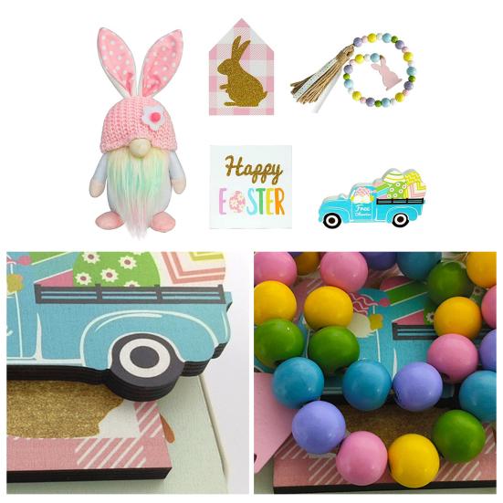 1 Set abgestuftes Tablett-Ornament, bezaubernder Osterhasen-Zwerg und Holzschilder-Set für Heim-Festival-Dekoration