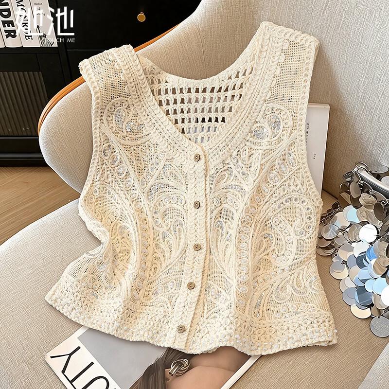 Women s French Crochet Hollow Knit V-Neck Vest One Size