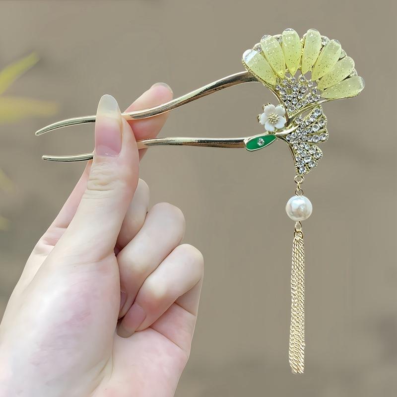 Antique Butterfly Flower Bamboo U-shaped Hairpin Super Fairy Retro Pearl Fringed Hairpin Hanfu Ancient Hairpin Accessories