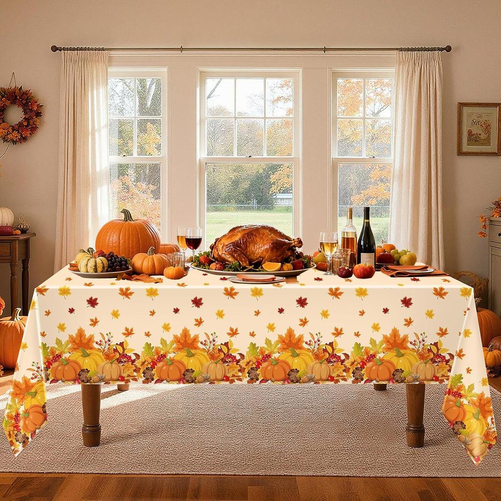 2 Pack Thanksgiving Tablecloth Fall Party Decorations, 54 x 108 Inch Rectangle Disposable Autumn Table Cloth, Plastic Pumpkin Table Cover for Harvest