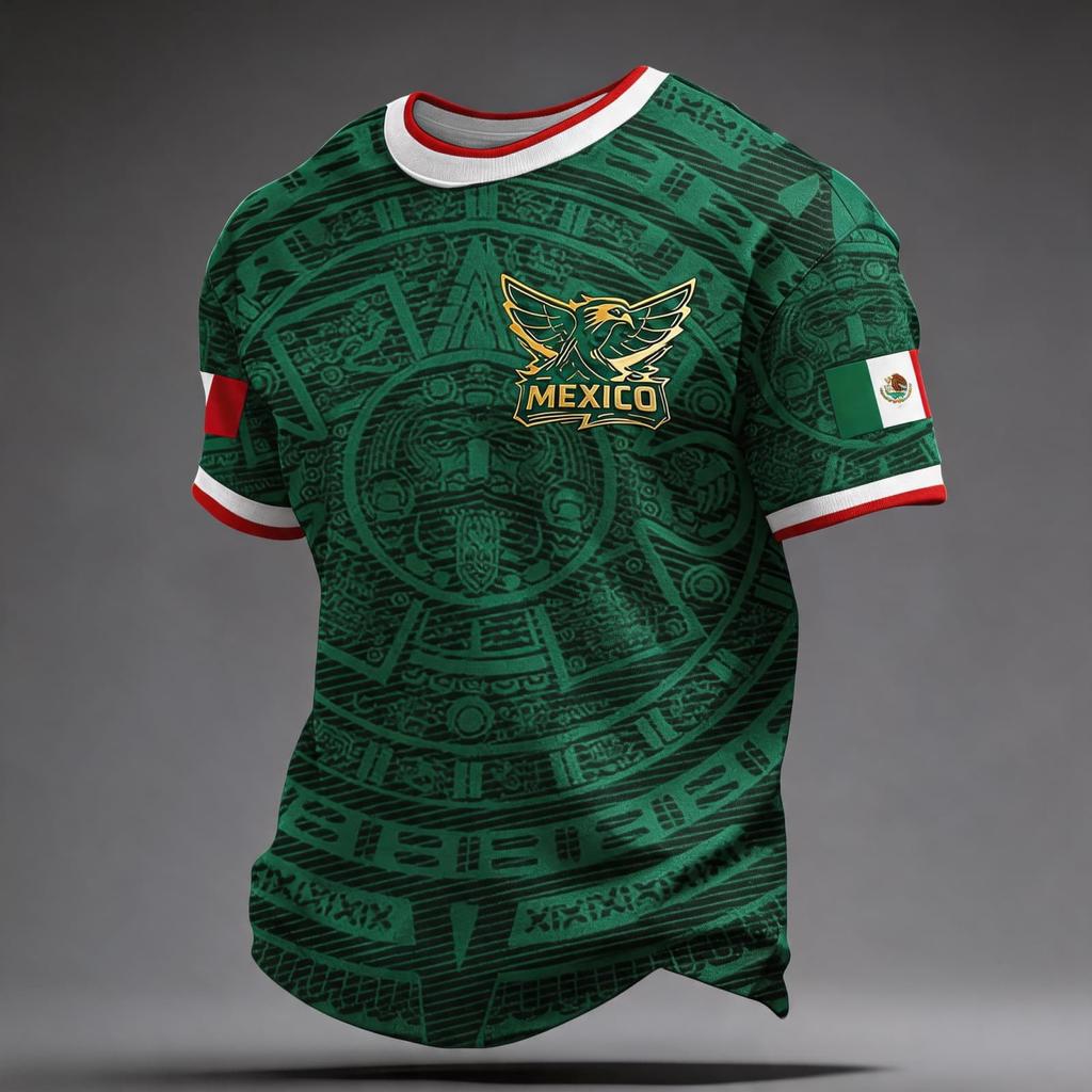 Men's National Team Support T Shirt Mexico Soccer Fan Jersey Short Sleeve Casual Football Top with Printed Design and Flag Patch