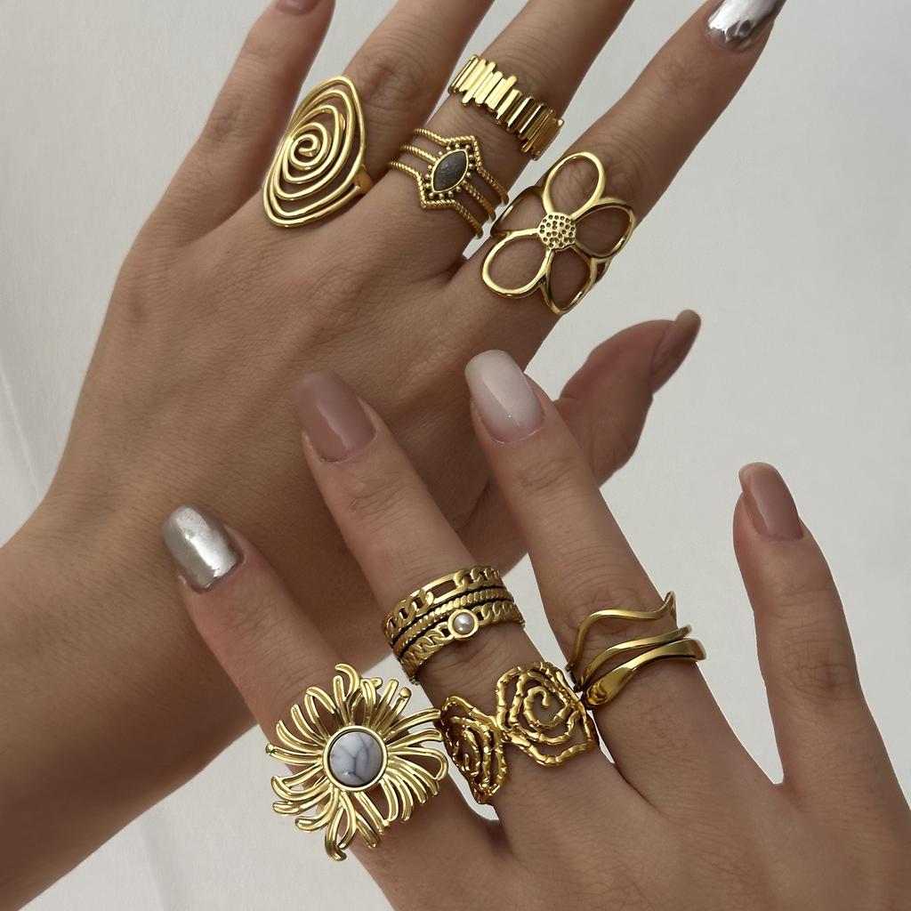 Stainless Steel Hollow Spiral Wave Rings For Women Bohemian Gold Color Sun Flower Texture Finger Ring Party Statement Jewelry