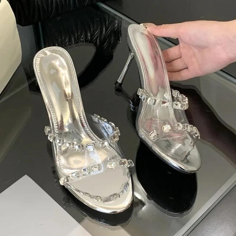 Fashion Silver Rhinestone Design Brand High Heel Slipper Women Transparent PVC Thin Heel Slide Sandal Elegant Fashion Banquet Dress Shoe