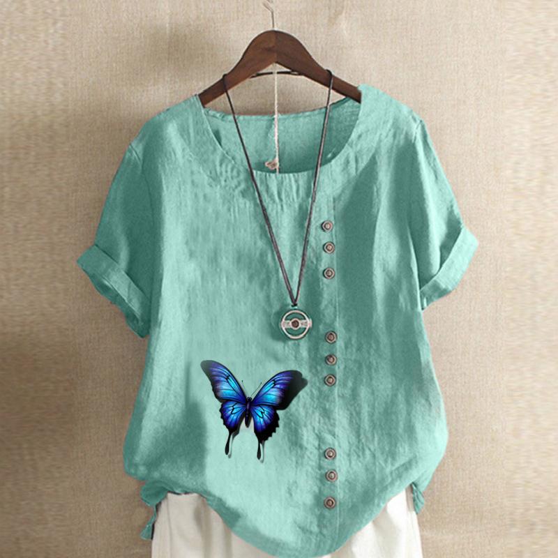 Camiseta de manga corta con cuello redondo para mujer, blusa informal de lino y algodón con estampado de mariposas, holgada y de verano