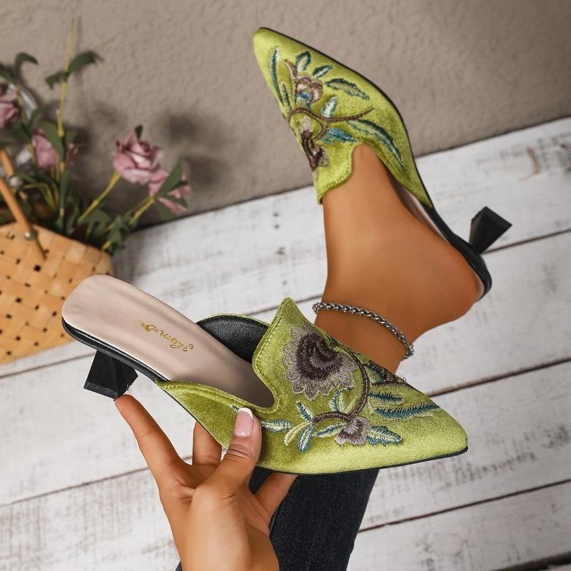 Fashion Flower High Heels Women Pointed Toe Slippers Fashion Retro Embroidery Shoes 2025 Summer New Trends Comfort Pumps Sandalias Mujer