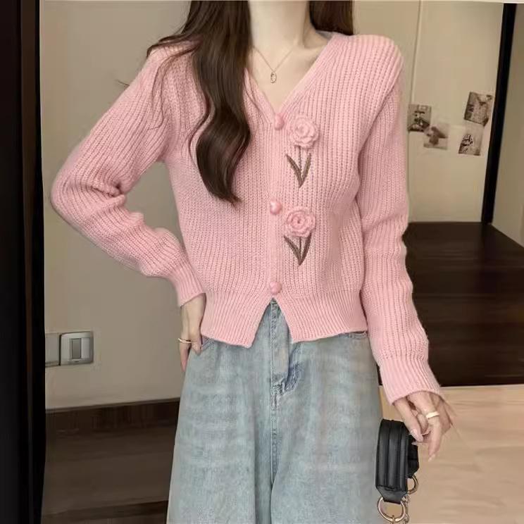 Embroidered Floral V Neck Knit Cardigan Women Spring Cropped Slim Long Sleeve Top