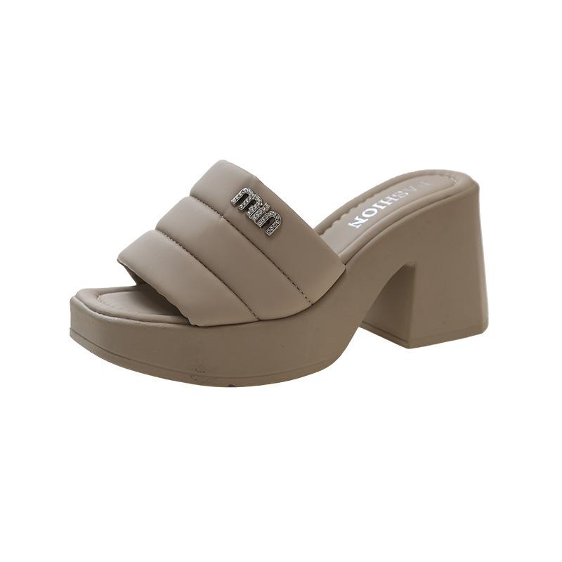 High-heeled Cool Slippers Outer Wear Women's 2024 Summer New High-profile French Simple Casual Easy To Match Thick-heeled One-word Slippers
