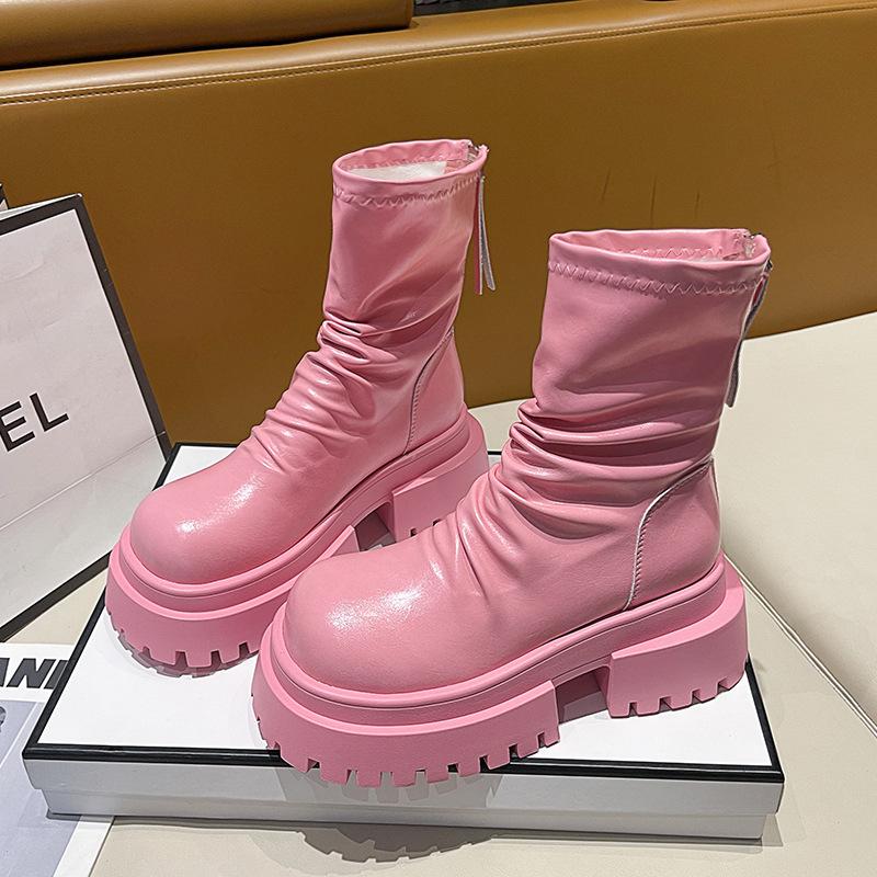 

Модные ботинки Spice girls женские 2025 осень новые розовые легкие на толстой подошве с высоким толстым каблуком из эластичной плиссированной тонкой кожи 35 розовый