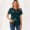 Women's Casual Short Sleeve V-Neck T-Shirt with Leaf Print and Decorative Buttons