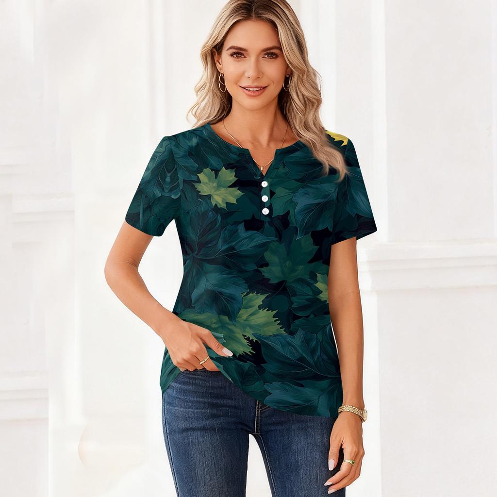Women's Casual Short Sleeve V-Neck T-Shirt with Leaf Print and Decorative Buttons