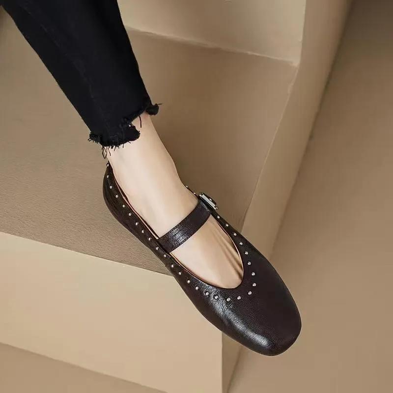 2024 Brand Shoes for Women One-word Buckle Women's Flats Spring Square Toe Solid Rivet Shallow Mouth Dress Mary Jane Shoes